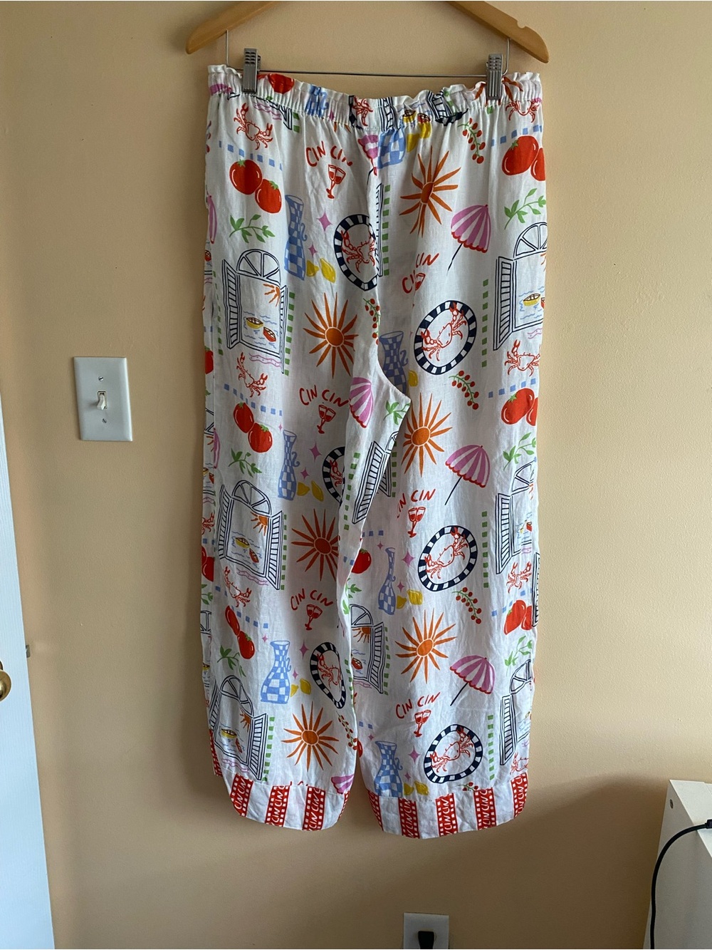 Cynthia Rowley 100% Linen Wide Leg Pants Mediterranean Print Woman XL Pockets - Picture 3 of 14